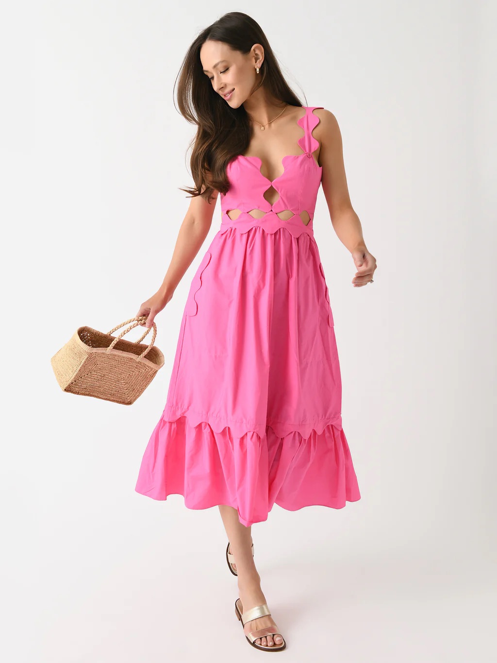 Farm Rio Hot Pink Scalloped Cutout Maxi Dress